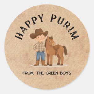 Personalized Happy Purim Round Sticker - Cowboy
