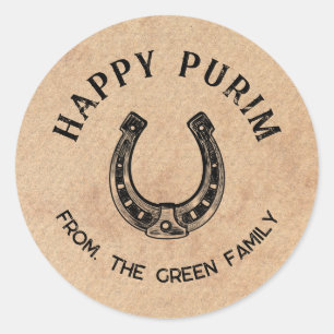 Personalized Happy Purim Round Sticker - Horseshoe