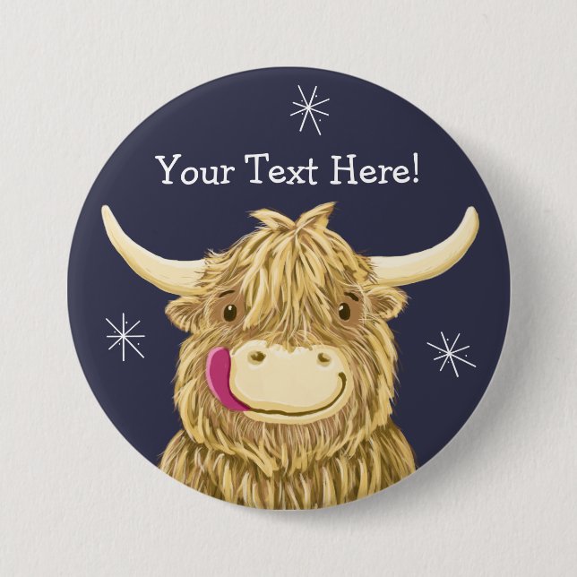 Personalized Happy Scottish Highland Cow Pinback Button (Front)