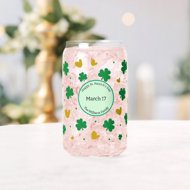 Personalized Happy St. Patrick's Day w/ Clovers Can Glass (Insitu (Wedding))