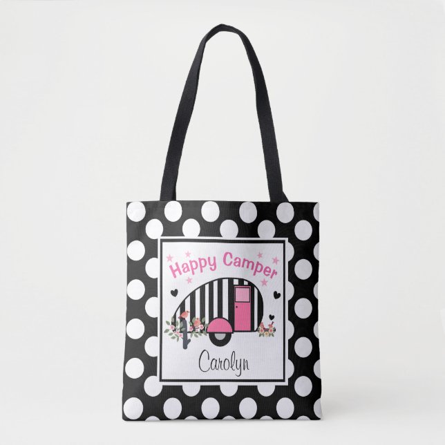 Personalized Happy Striped Camper Tote Bag (Front)