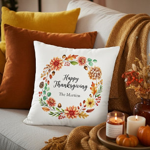 Personalized "Happy Thanksgiviing" wreath Throw Pillow