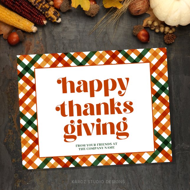 Personalized Happy Thanksgiving Business Postcard (Happy Thanksgiving Business Postcard with a beautiful orange and plaid background)