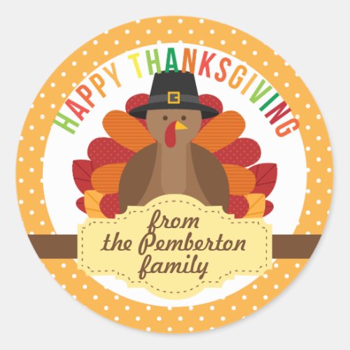 Personalized Happy Thanksgiving Cute Turkey Classic Round Sticker
