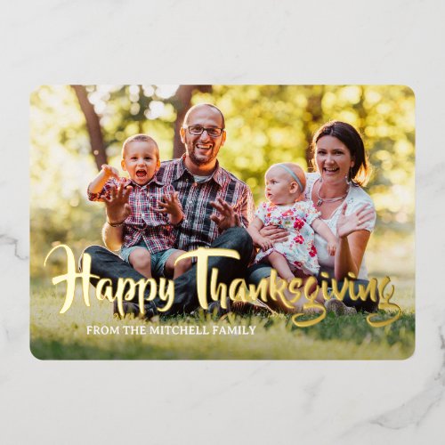 Personalized Happy Thanksgiving Family Photo Gold Foil Holiday Card