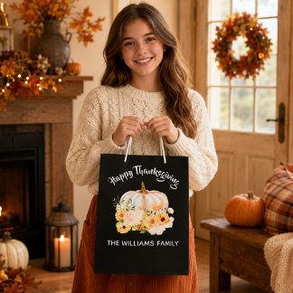 Personalized Happy Thanksgiving Floral Pumpkin Medium Gift Bag