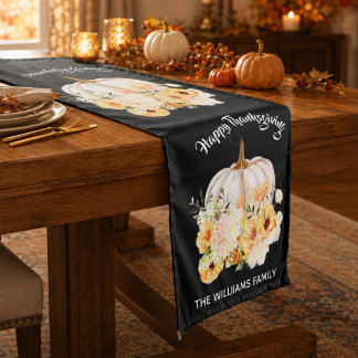 Personalized Happy Thanksgiving Floral Pumpkin Medium Table Runner
