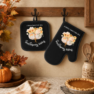 Personalized Happy Thanksgiving Floral Pumpkin Oven Mitt & Pot Holder Set