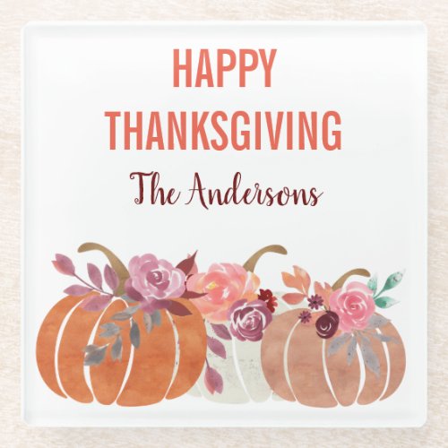 Personalized Happy Thanksgiving Floral Pumpkins Glass Coaster