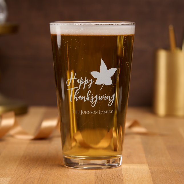 Personalized Happy Thanksgiving Maple Leaf  Pint Glass (Party)