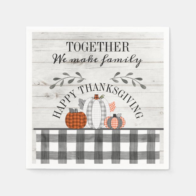 Personalized Happy Thanksgiving Plaid Pumpkins Napkins (Front)