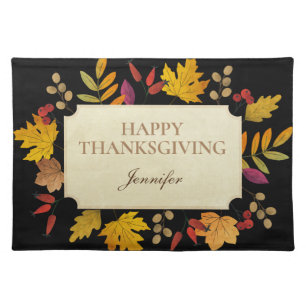 Personalized HAPPY THANKSGIVING with Fall Leaves Cloth Placemat