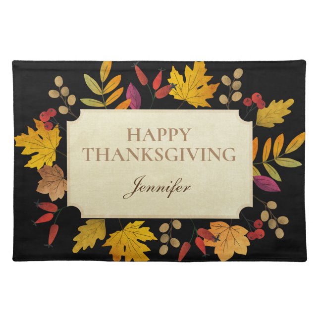 Personalized HAPPY THANKSGIVING with Fall Leaves Cloth Placemat (Front)