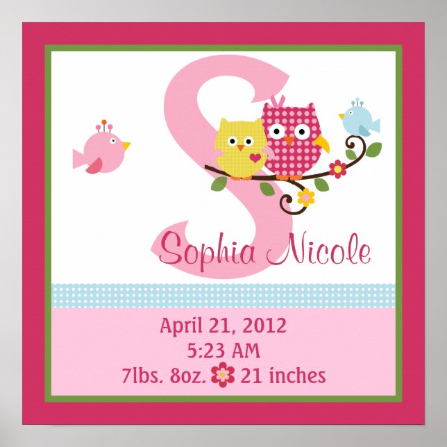 Personalized Happy Tree/Owls Birth Info Poster (Front)