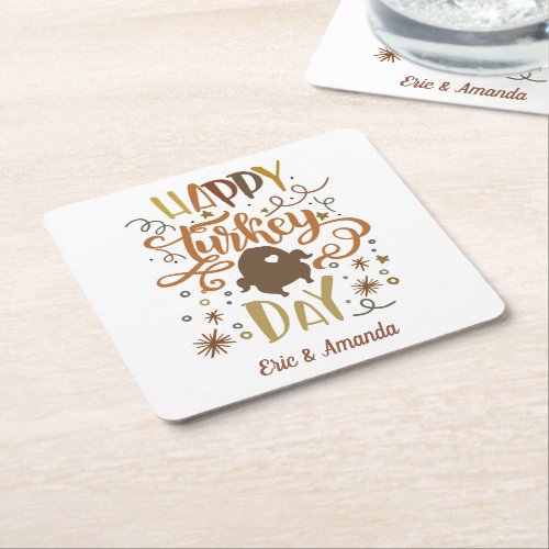 Personalized Happy Turkey Day Thanksgiving Square Paper Coaster