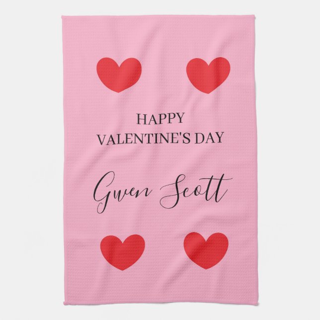Personalized Happy Valentine's red heart pink Kitchen Towel (Vertical)