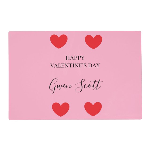 Personalized Happy Valentine's red heart pink Placemat (Front)