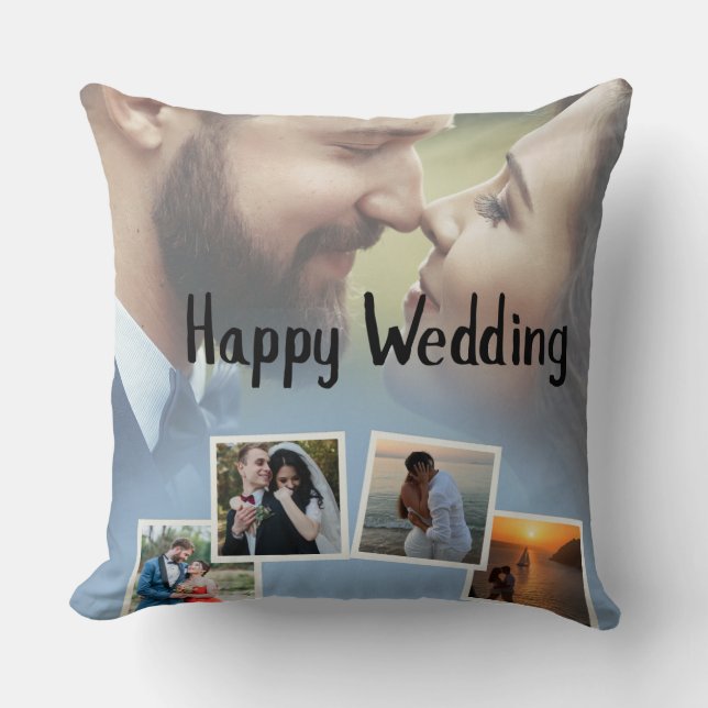 Personalized Happy Wedding Photo Collage Throw Pillow (Front)