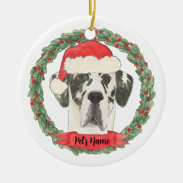 Personalized Harlequin Great Dane Christmas Ceramic Ornament (Front)