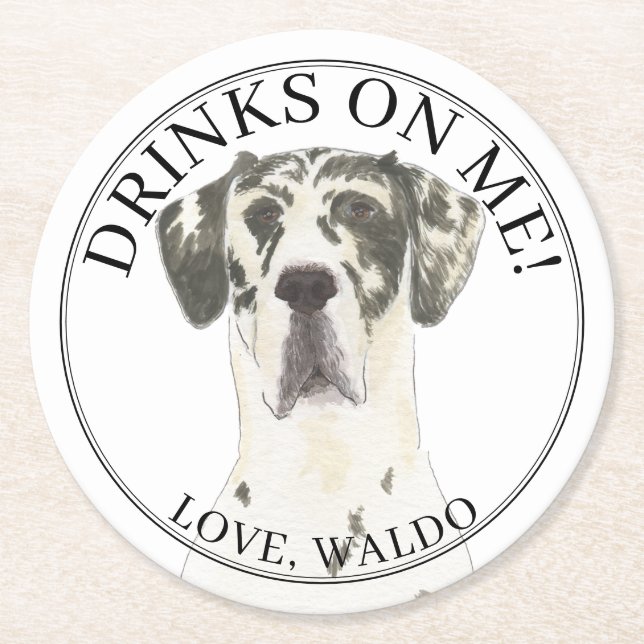 Personalized Harlequin Great Dane Wedding  Round Paper Coaster (Front)