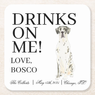 Personalized Harlequin Great Dane Wedding Square Paper Coaster