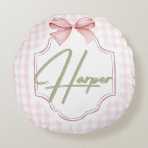 Personalized Harper Baby Girl Nursery Bow&Gingham Round Pillow