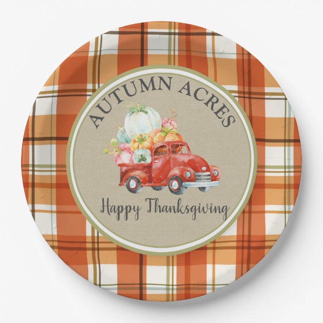 Personalized Harvest Pumpkin Truck Thanksgiving Paper Plates (Front)
