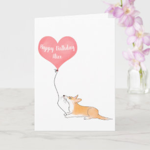 Personalized Hattie corgi & balloon birthday card