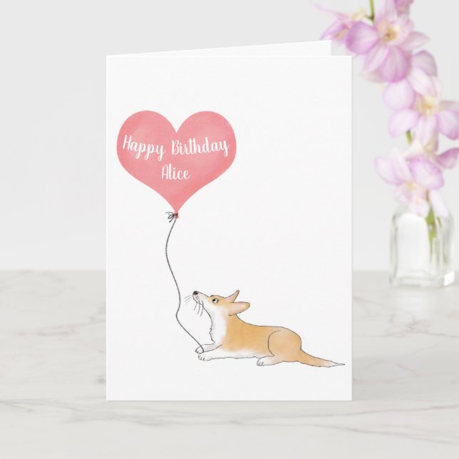 Personalized Hattie corgi & balloon birthday card (Orchid)