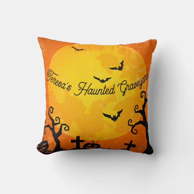 Personalized Haunted Graveyard Pillow, Moon Throw Pillow (Front)