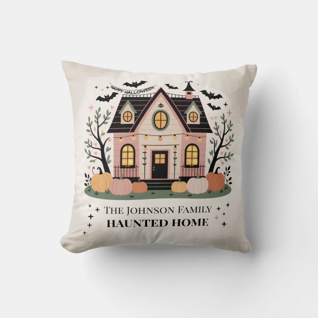 Personalized Haunted Home Halloween Spooky House Throw Pillow (Front)