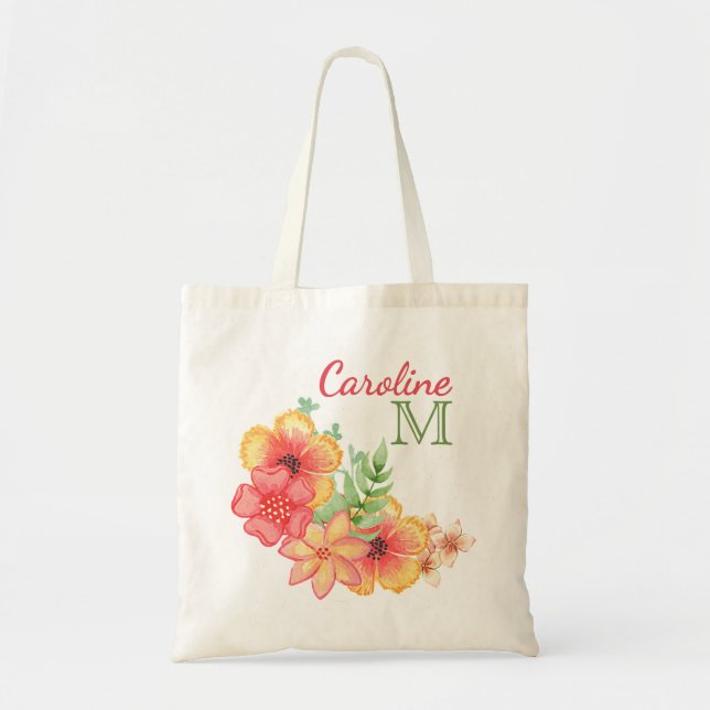 Personalized Hawaiian Floral Watercolor Tote Bag (Front)