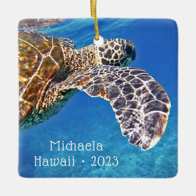 Personalized Hawaiian Sea Turtle Ceramic Ornament (Front)