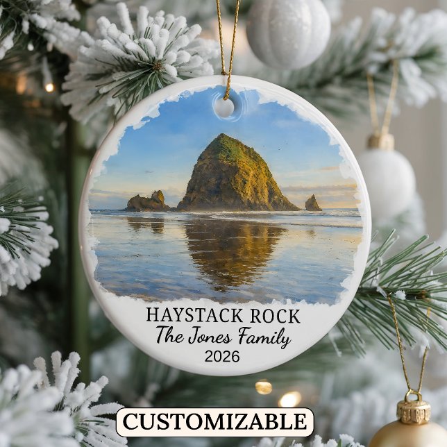 Personalized Haystack Rock Ornament, Custom Oregon Ceramic Ornament (Creator Uploaded)