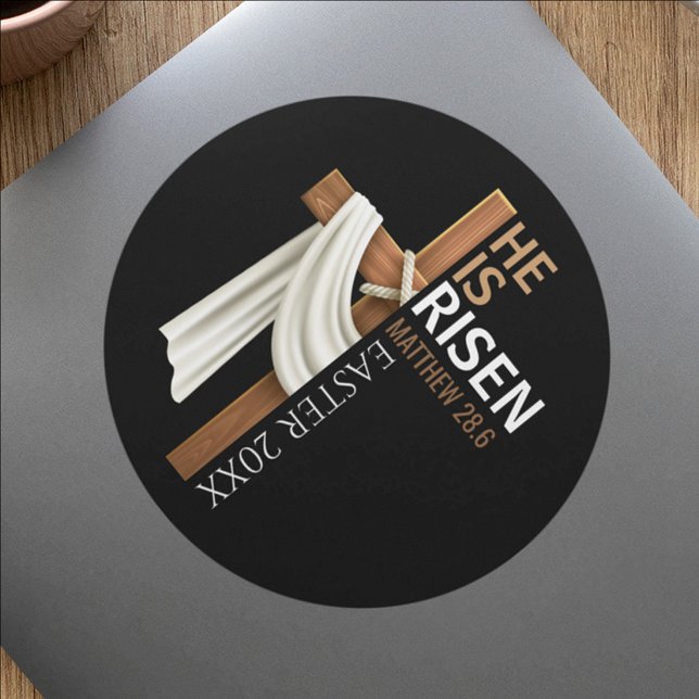 Personalized He Is Risen Cross Happy Easter Classic Round Sticker (Creator Uploaded)