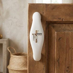 Personalized He Is Risen Vintage Easter Cross Ceramic Cabinet Pull