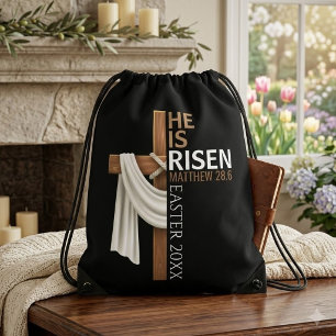 Personalized He Is Risen Vintage Easter Cross Drawstring Bag
