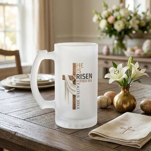 Personalized He Is Risen Vintage Easter Cross Frosted Glass Beer Mug