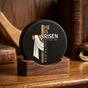 Personalized He Is Risen Vintage Easter Cross Hockey Puck