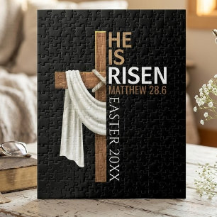 Personalized He Is Risen Vintage Easter Cross Jigsaw Puzzle