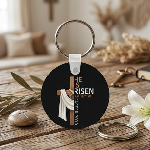 Personalized He Is Risen Vintage Easter Cross Keychain