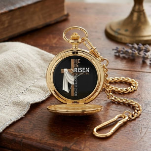 Personalized He Is Risen Vintage Easter Cross Pocket Watch