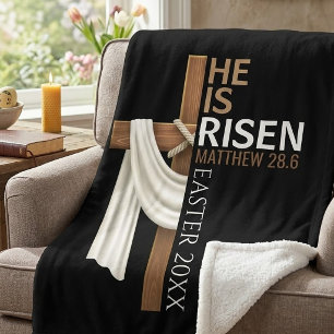 Personalized He Is Risen Vintage Easter Cross Sherpa Blanket