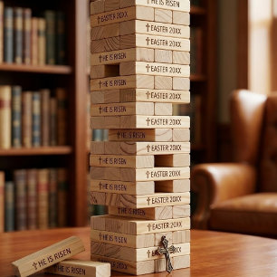 Personalized He Is Risen Vintage Easter Cross Topple Tower