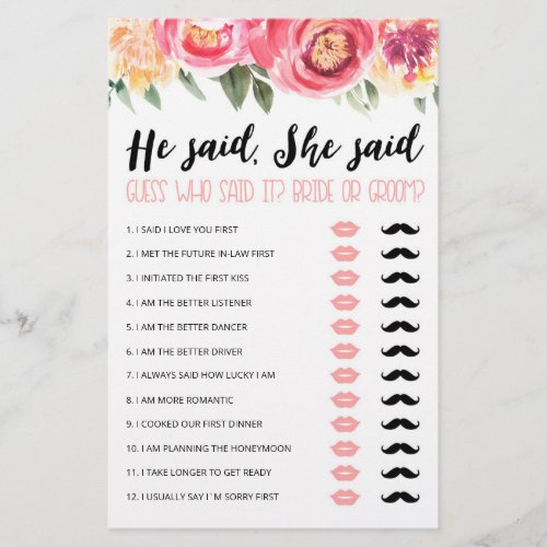 Personalized He said She said Bridal Shower game