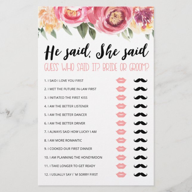 Personalized He said, She said Bridal Shower game (Front)