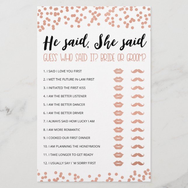 Personalized He said, She said Bridal Shower game (Front)