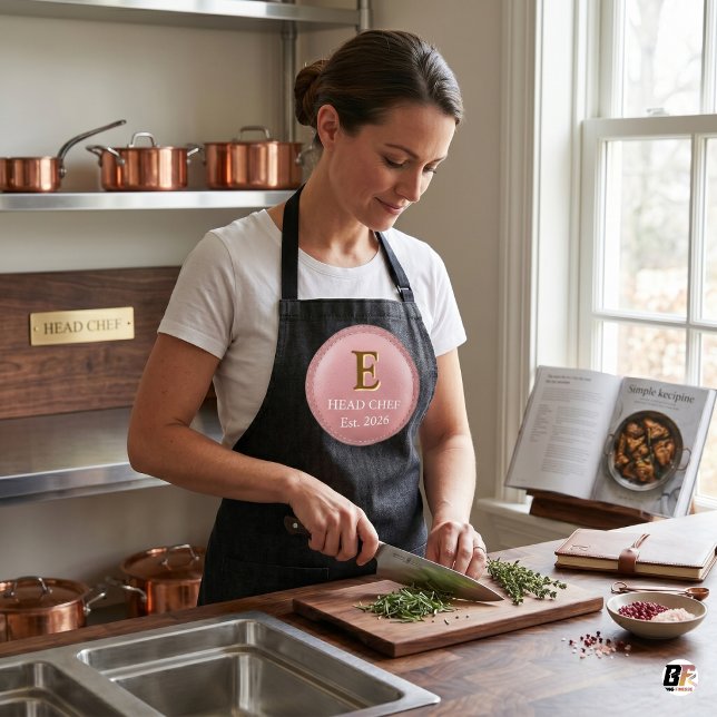Personalized Head Chef Monogram Pink & Gold Logo Apron (#mother'sday)