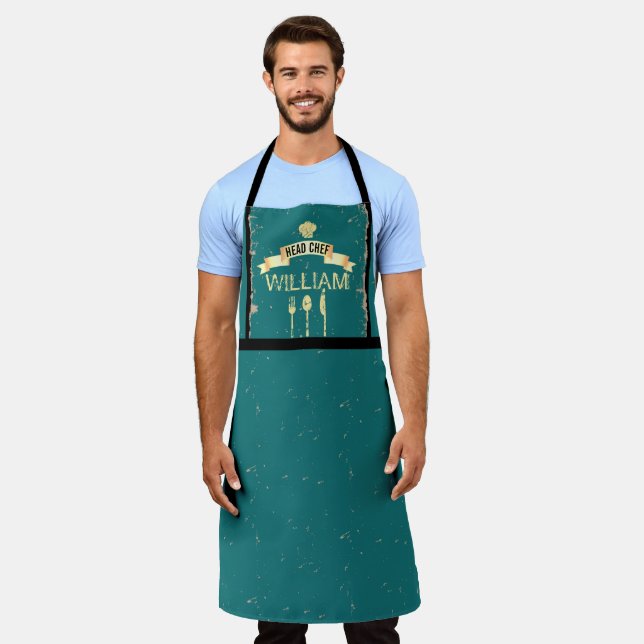 Personalized Head Chef teal cool mens kitchen Apron (Worn)