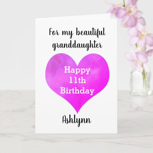 Personalized Heart 11th Birthday Granddaughter Card (Orchid)
